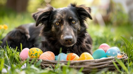 dog with easter eggs