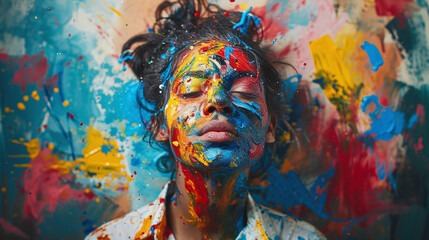 Fototapeta na wymiar Creative Woman with Colorful Paint Splashes on Face and Body against Artistic Abstract Background