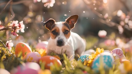 jack russell terrier playing with easter eggs