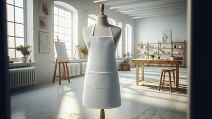 A close up shot of a white blank apron mockup,displayed on a wooden mannequin in a bright