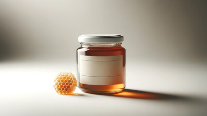 Elegant glass honey jar with a blank label, set against a minimalist white background