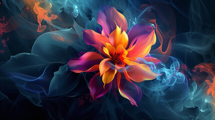 Vibrant Abstract Lotus Flower with Glowing Neon Smoke Effect on Dark Background  Wallpaper