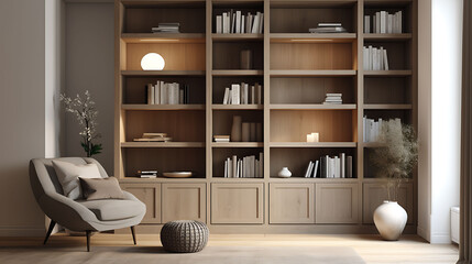 Storage space in built-in cabinets and minimal furniture elements. In the spirit of hygge. Copy space
