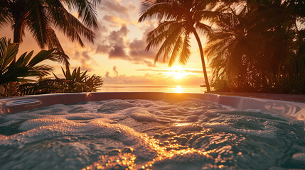 Tropical Sunset View from a Relaxing Hot Tub with Palm Trees on a Beautiful Beach Resort - obrazy, fototapety, plakaty