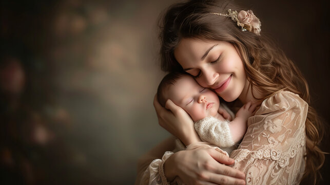 Beautiful Young Mother Embracing Her Sleeping Newborn Baby with Gentle Care and Love in a Warm Soft-Focus Portrait