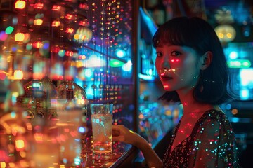 asian woman in a bar, restaurant or club with holography