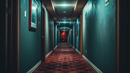 Sinister hotel corridor. Copy Space - obrazy, fototapety, plakaty
