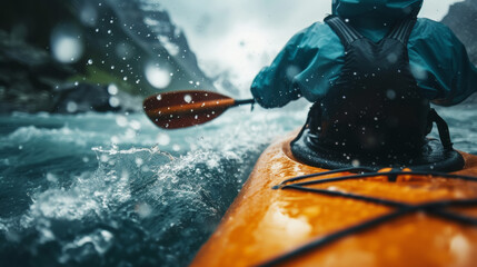 Fototapeta premium Man in kayak with paddle. Back view. Splashes of water of mountain river. Extreme kayak sport concept. Generative AI