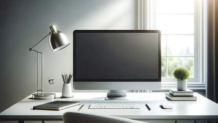 modern workspace featuring a blank screen computer on a clean, minimalist desk.