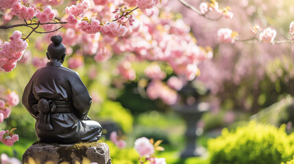 Tranquil Samurai Meditating under Cherry Blossom Tree in Serene Japanese Garden - obrazy, fototapety, plakaty