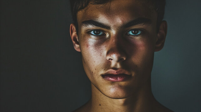 Intense Young Male Portrait with Dramatic Lighting and Strong Features