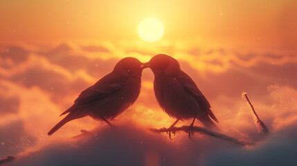 Two birds share an affectionate moment against a warm sunset and soft clouds - obrazy, fototapety, plakaty