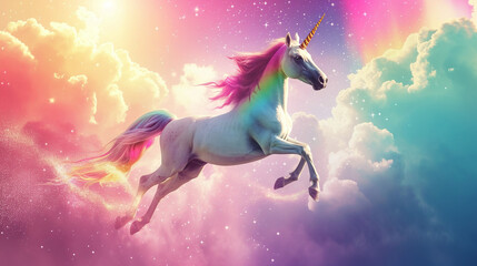Obraz na płótnie Canvas Magical Unicorn Galloping Across Vibrant Sunset Sky with Rainbow Colors and Glitter Sparkles