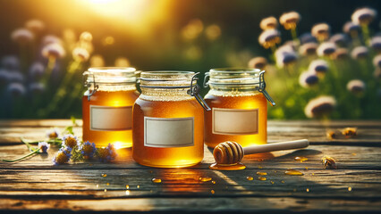 A trio of glass honey jars with blank labels, positioned on a rustic wooden table