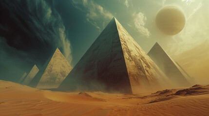 Futuristic Pyramids on Alien Desert Planet with Mysterious Large Moon and Atmospheric Sky work