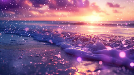 Starry Twilight Ocean Waves on Sandy Beach with Purple Sunset Sky and Sparkling Lights Background