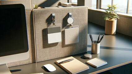 Two blank badge mockups displayed against a backdrop of a modern office environment