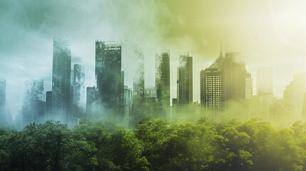 Misty Urban Skyline Above Green Forest Canopy with Sun Flare Effect
