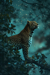 a leopard on a tree that is sitting on a branch in the night sky