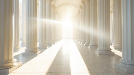 The sunlight shines through columns in a long and white corridor