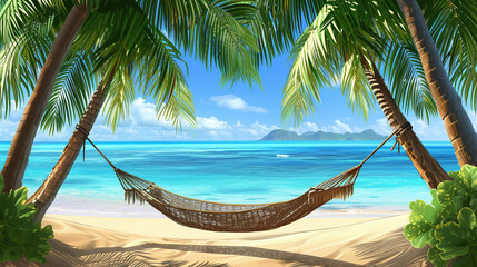 Fototapeta premium Tropical Beach Paradise with Hammock Between Palm Trees and Tranquil Blue Sea Background