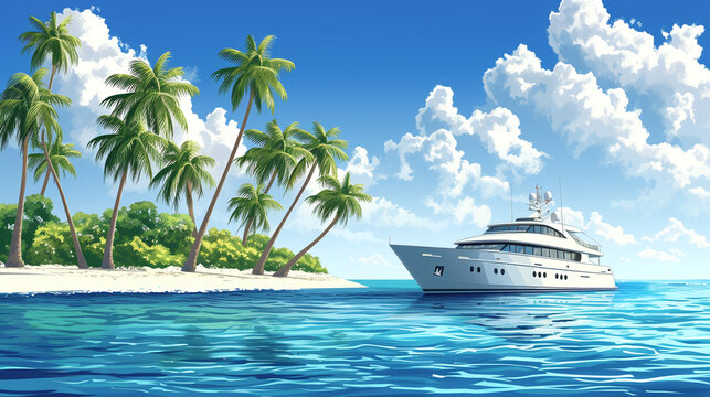 Luxury Yacht Anchored Near Tropical Island with Palm Trees and Clear Blue Sky