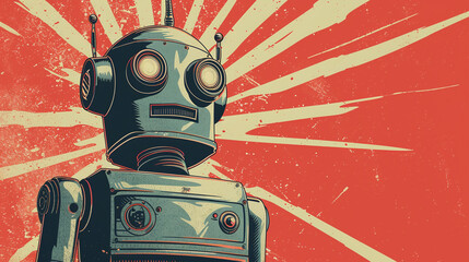 Retro Futuristic Robot Illustration with Vintage Sunburst Background in Red and Yellow Palette - obrazy, fototapety, plakaty
