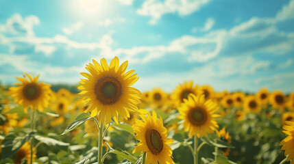 Fototapeta premium Sunflower Field Under Blue Sky with Bright Sunflare Nature Background