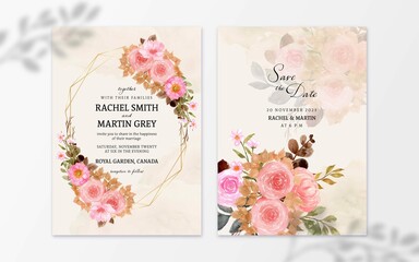 Fototapeta na wymiar Set Rustic Pink Watercolor Flower With Abstract Stain Wedding Invitation