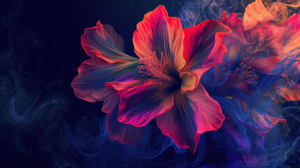 Vibrant Hibiscus Flowers in Full Bloom with Ethereal Smoke Art Background - obrazy, fototapety, plakaty