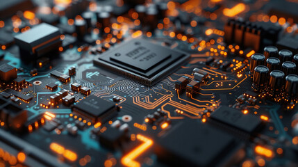 Close-up of Electronic Circuit Board with Microchip Central Processing Unit Technology and Hardware Engineering Concept Background - obrazy, fototapety, plakaty