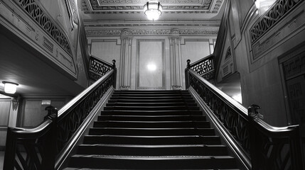 Elegant Black and White Grand Staircase in Luxurious Vintage Interior Design with Ornate Details and Hanging Chandelier