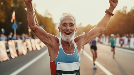 Senior Male Athlete Triumphantly Crossing Finish Line in Marathon Race Celebrating Victory with Joy and Excitement During Sunset Event - obrazy, fototapety, plakaty