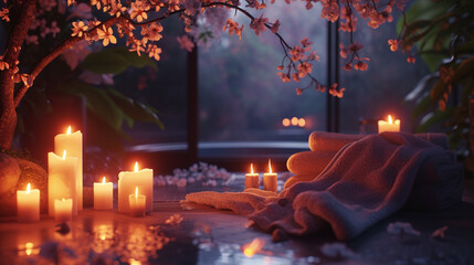 Relaxing Spa Ambience with Candles and Cherry Blossoms Near Bathtub in Serene Setting at Twilight
