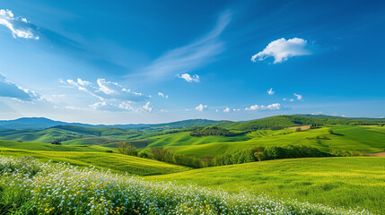 Breathtaking Spring Scenery of Green Rolling Hills and Blooming Wildflowers Under a Clear Blue Sky with Wispy Clouds