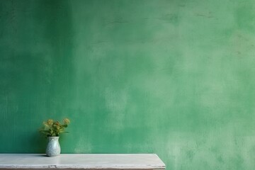 background i  retro minimalism groovy style with Old shabby Wall, spiral, plants. shades of calm green 