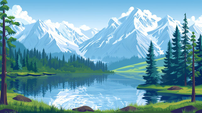 Scenic Alpine Landscape with Snow-Capped Mountains and Tranquil Lake Reflections in Serene Nature Setting