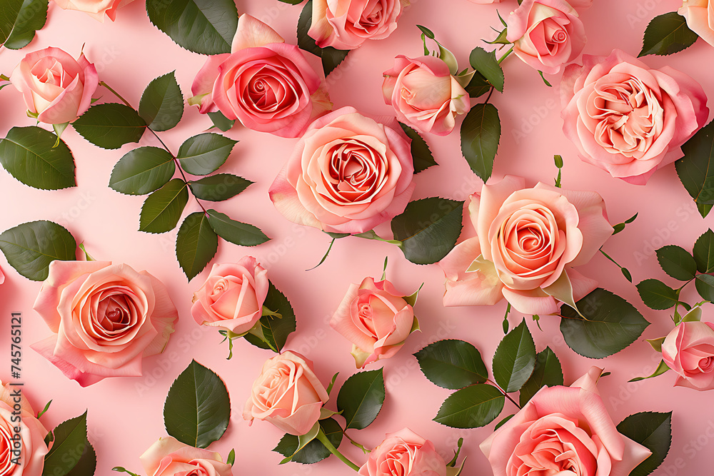 Wall mural pink rose bouquet pattern on pink background in the s - Wall murals