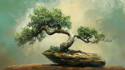 Twisted Bonsai Tree Artwork with Lush Green Leaves on Serene Mystical Background - obrazy, fototapety, plakaty