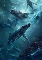 Humpback whales swimming in deep blue ocean, serene underwater scene with sun rays, high detail, 32k resolution.