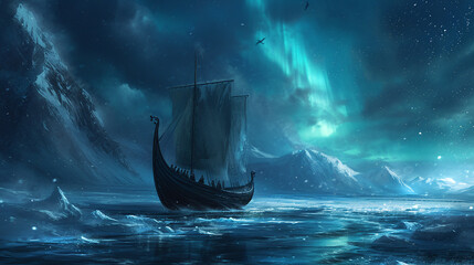 Sailing Ship under Northern Lights in Arctic Seascape Fantasy Night Sky Illustration - obrazy, fototapety, plakaty