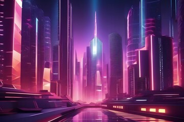 Futuristic cityscape bathed in neon pink and purple hues with a glowing sunset background. Generative ai