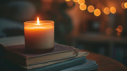 Cozy Evening with Lit Candle and Open Book Warm Ambient Light Bokeh Background