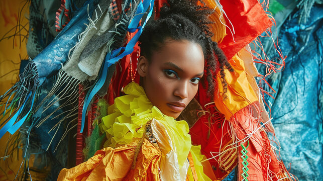 Fashion Portrait of Young Woman With Colorful Fabric Background Expressive Makeup and Unique Style