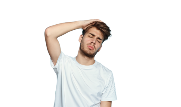 A portrait of the young unwell man with fever and flu touching head.