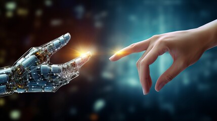 3D rendering of robot hand vs human hand touching digital world and virtual graphic interface and artificial intelligence, World communication concept - obrazy, fototapety, plakaty
