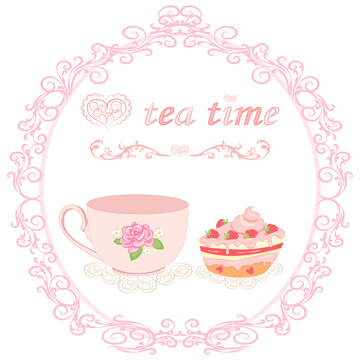 Vector illustration of a beautiful cozy appetizing picture in the Provence style with the inscription tea time, heart, patterns, cup, a piece of cake on lace napkins, in a pink vintage openwork frame