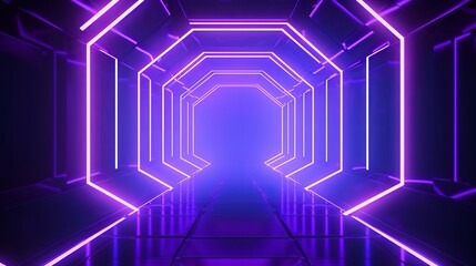 Fototapeta premium Abstract Futuristic Technology concept. Neon Hexagon Tunnel modern background. Fluorescent ultraviolet glowing light lines.