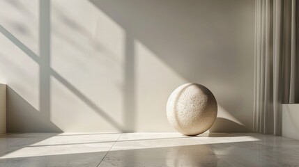 Embodying a peaceful minimalist aesthetic, a serene, sunlit room is adorned with a single white sphere and soft shadows cast by window blinds, creating a tranquil atmosphere.