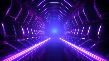 Abstract Futuristic Technology concept. Neon Hexagon Tunnel modern background. Fluorescent ultraviolet glowing light lines.